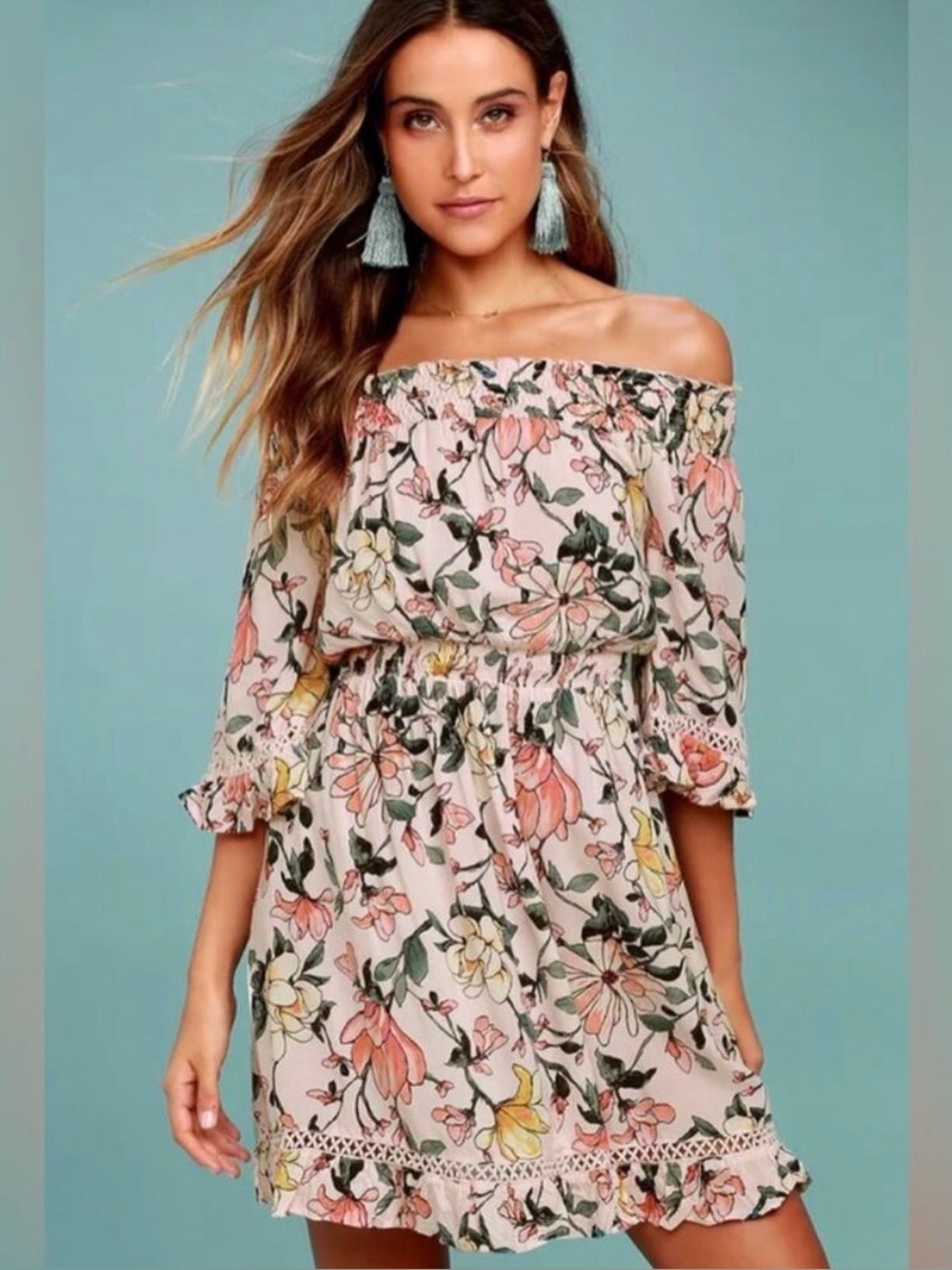 Lulus Women’s Dress Pink Floral Hello Darling Smocked Off The Shoulder XS